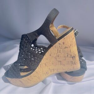 Woman's Cork Wedge Heel Shoe Black Fabric Sandal w Straps by SO Kohl's 5.5M